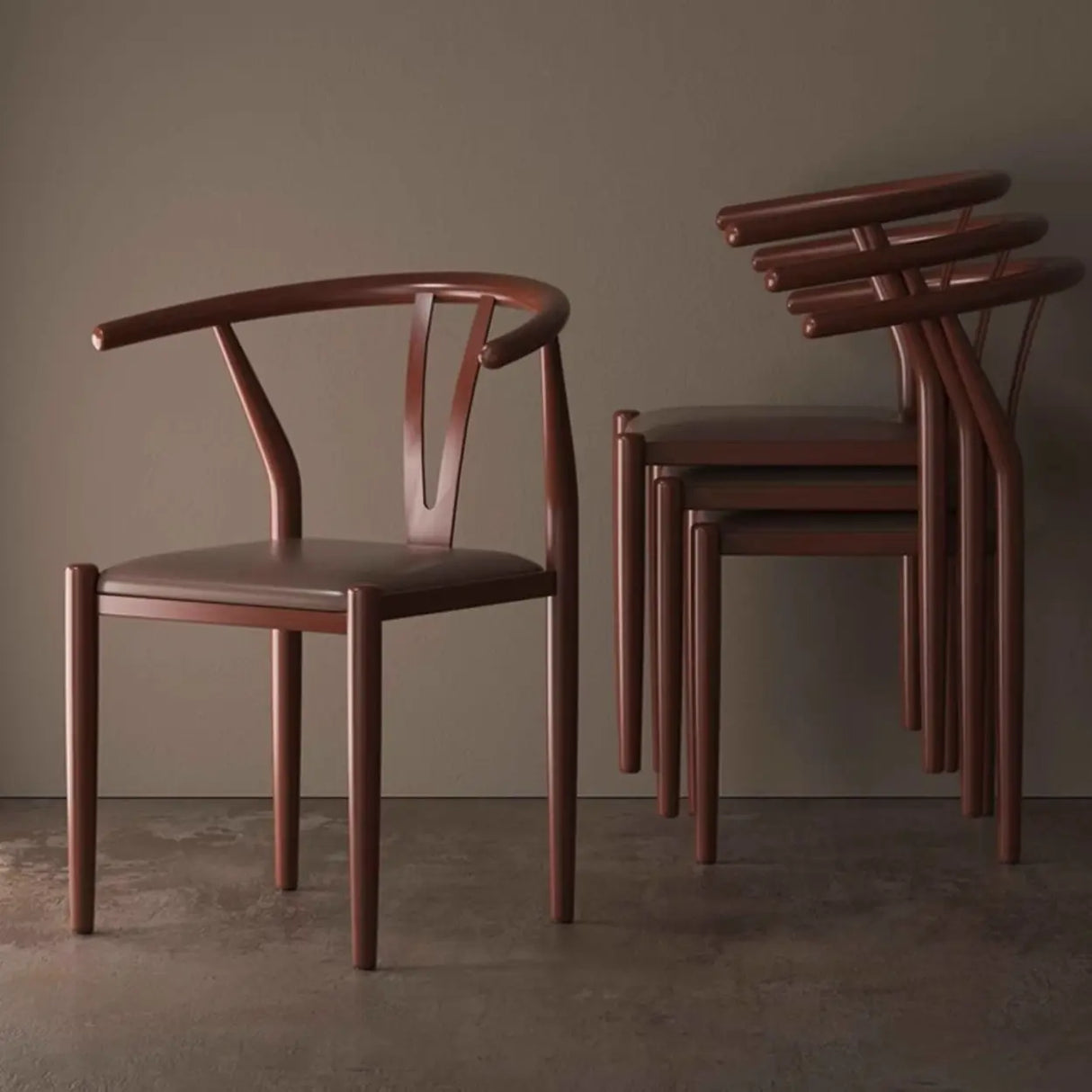 Armless Curved Open Back Wooden Dining Chair Coffee Image - 1