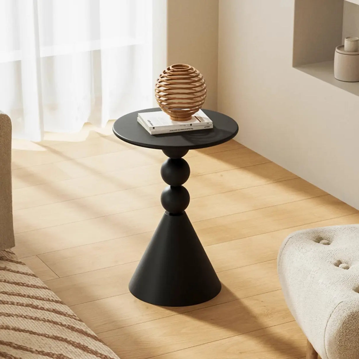 Art Deco Black Round Chairside Table with Pedestal Base Image - 1