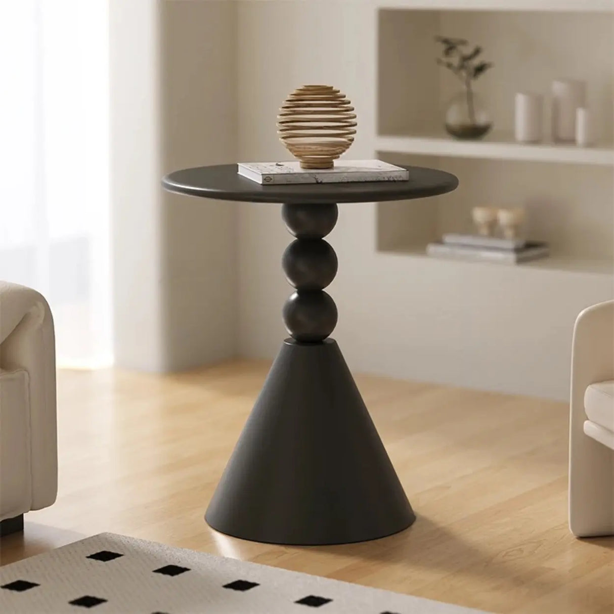 Art Deco Black Round Chairside Table with Pedestal Base Image - 2