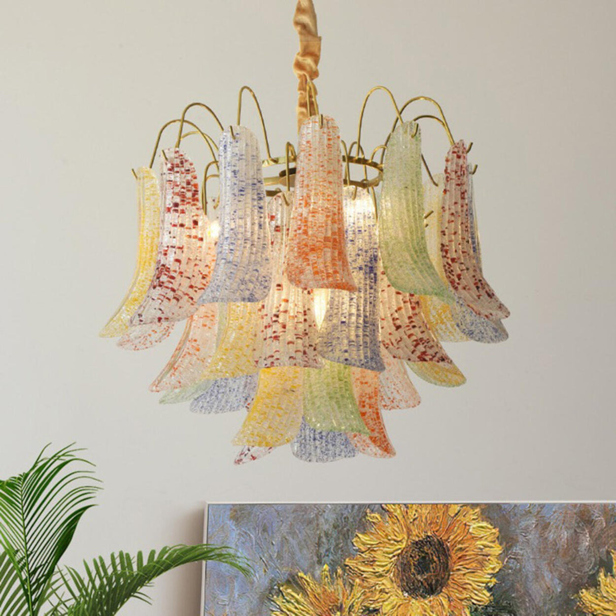 Art Deco Colorful 3 Tiers Glass Leaf Flower Chandelier Image - 4