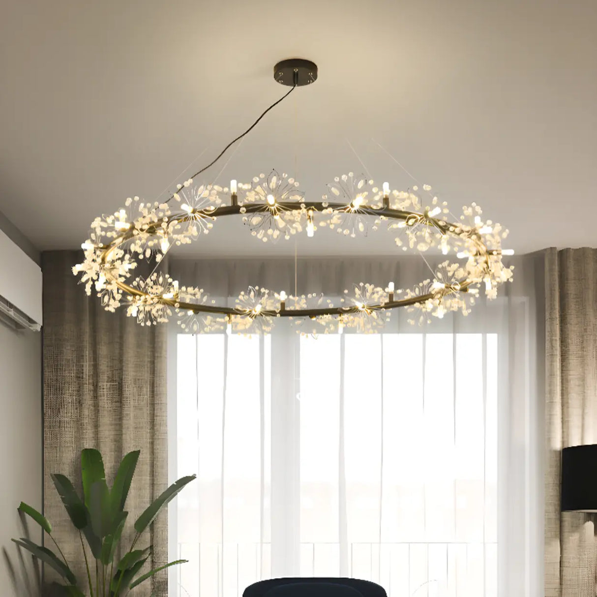 Art Deco Crystal Starburst Ring Chandelier Adjustable Height Image - 1