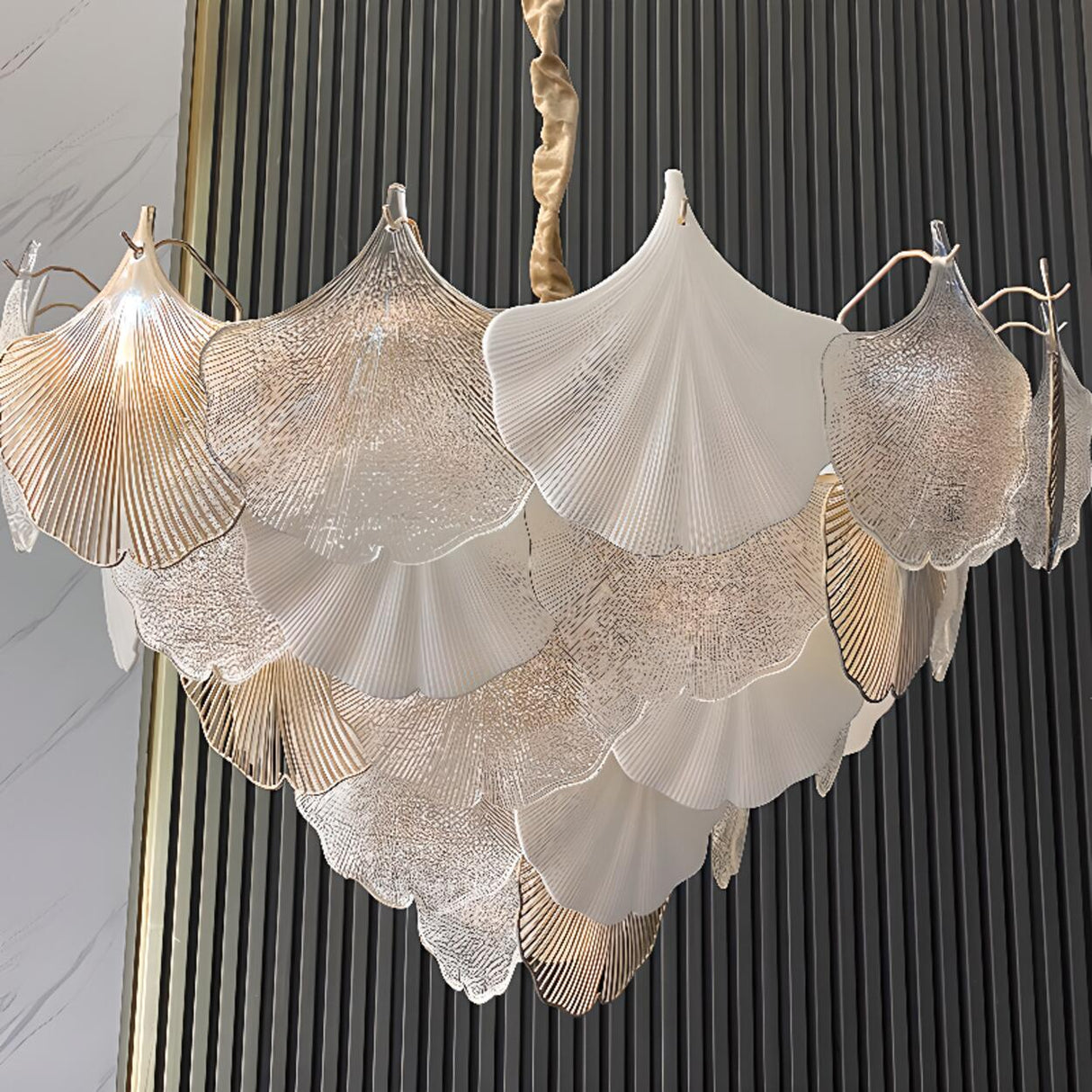 Art Deco Glass Ginkgo Leaves Pendant Chandelier Image - 9