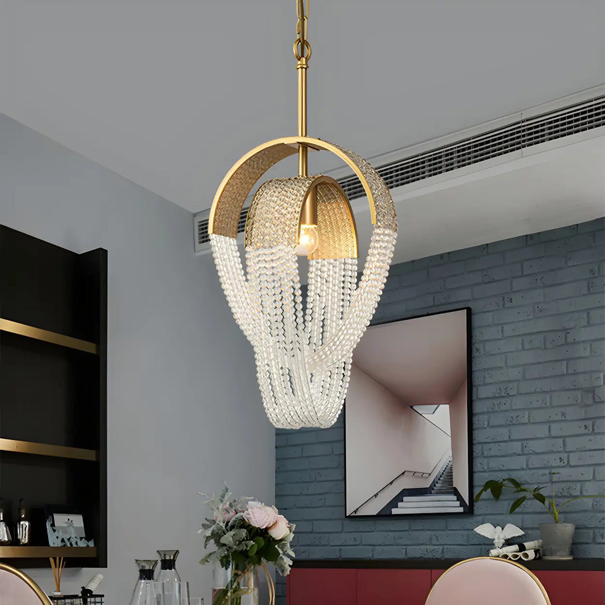 Art Deco Modern Oval Clear Crystal Pendant Light Image - 1