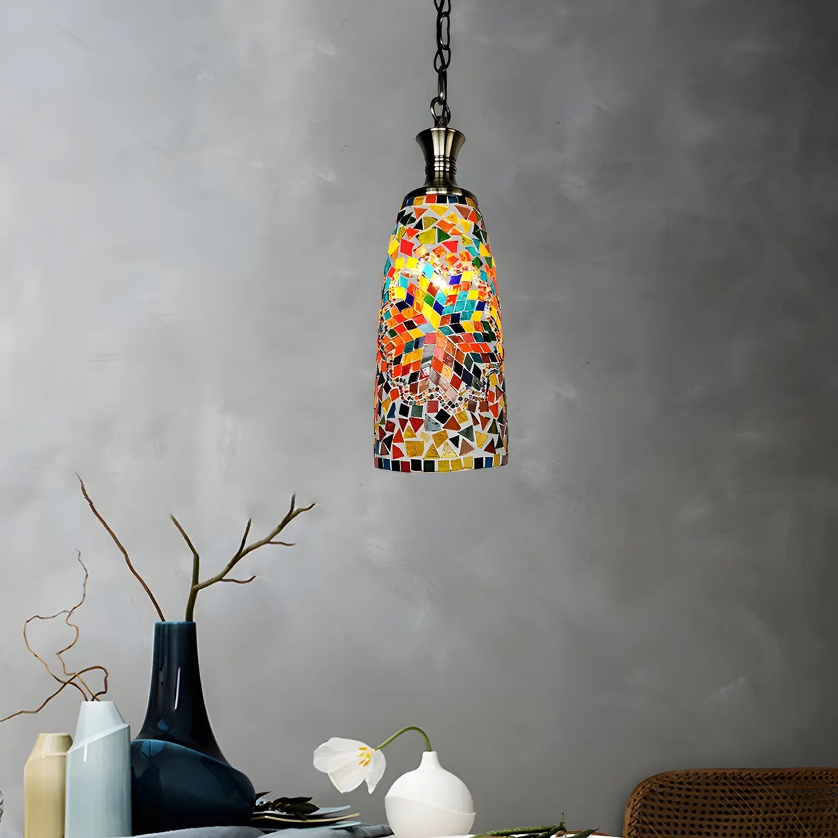 Art Deco Multi-Color Mosaic Glass Bell Pendant Light Image - 1