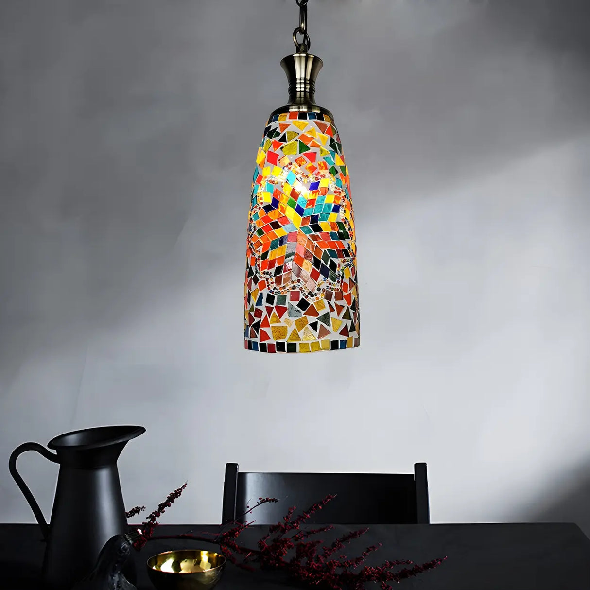Art Deco Multi-Color Mosaic Glass Bell Pendant Light Image - 2