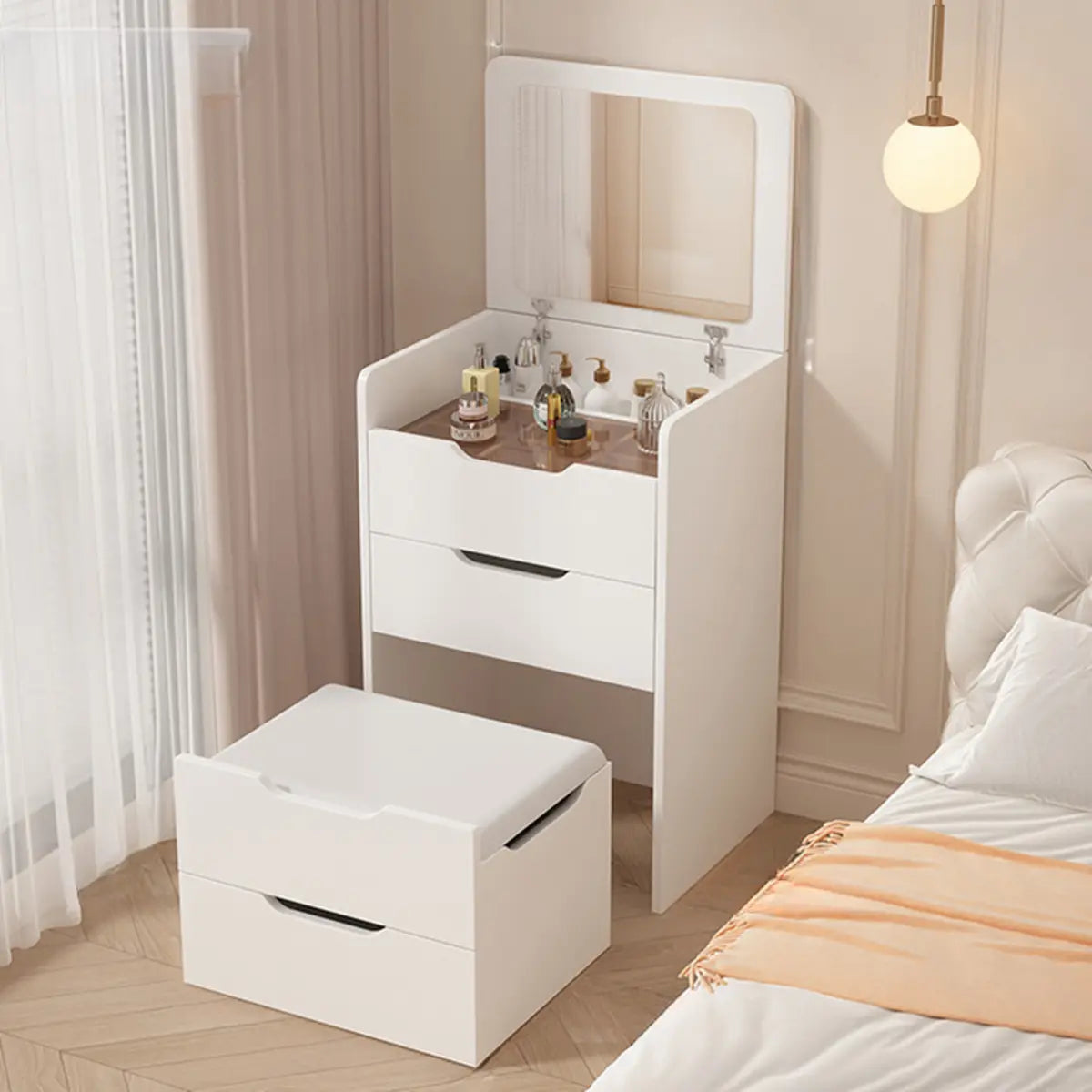 Art Deco Rectangle Wood Bedroom White Vanity with Seat Image - 2