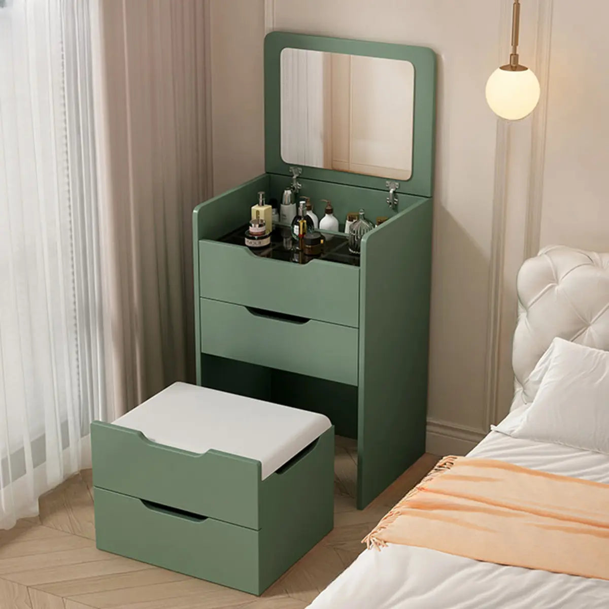 Art Deco Rectangle Wood Bedroom White Vanity with Seat Image - 3