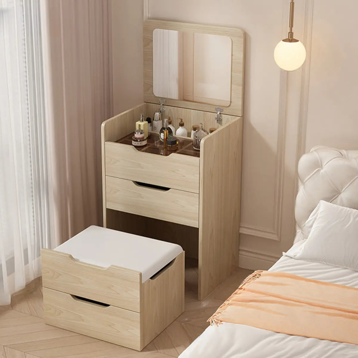 Art Deco Rectangle Wood Bedroom White Vanity with Seat Image - 5