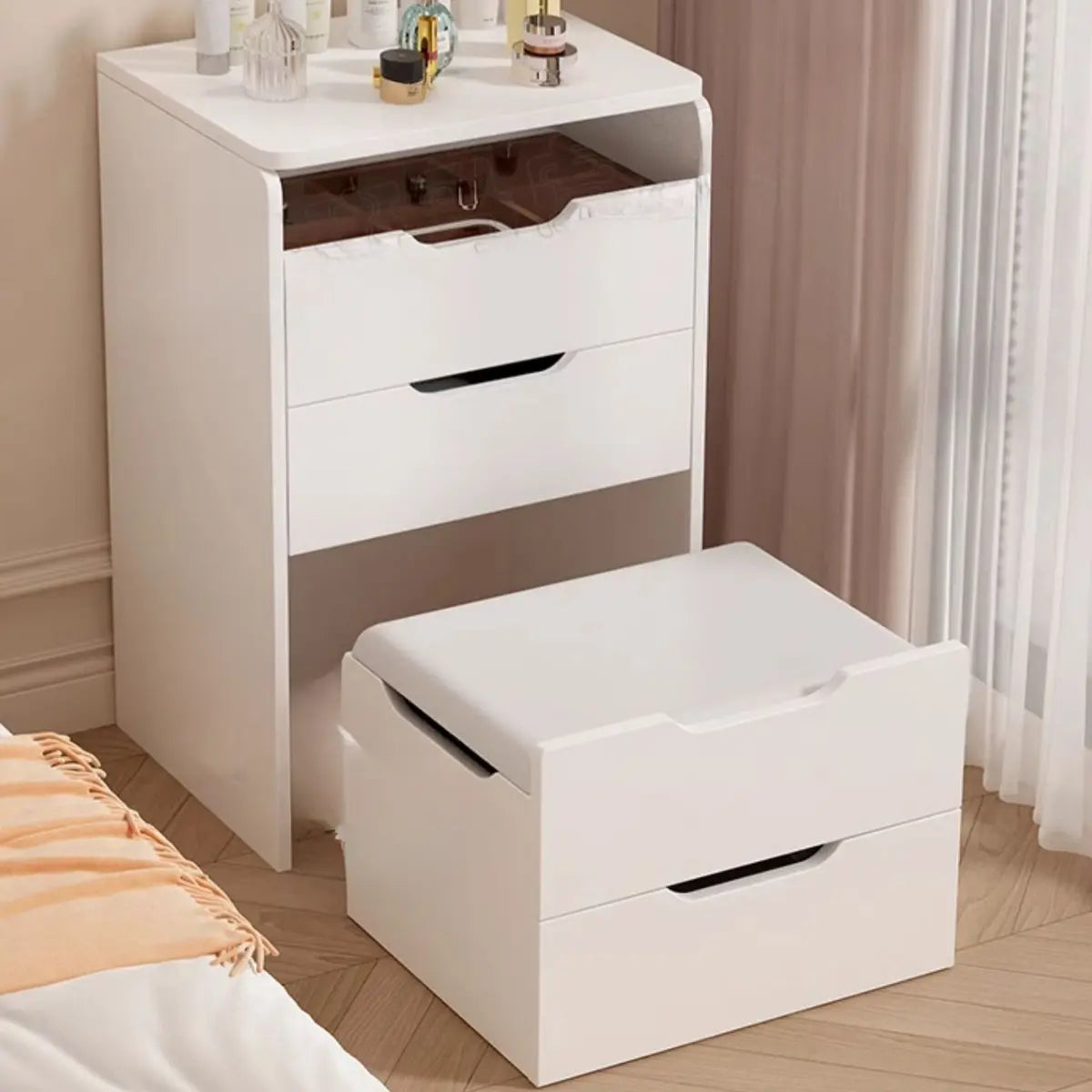 Art Deco Rectangle Wood Bedroom White Vanity with Seat Image - 6