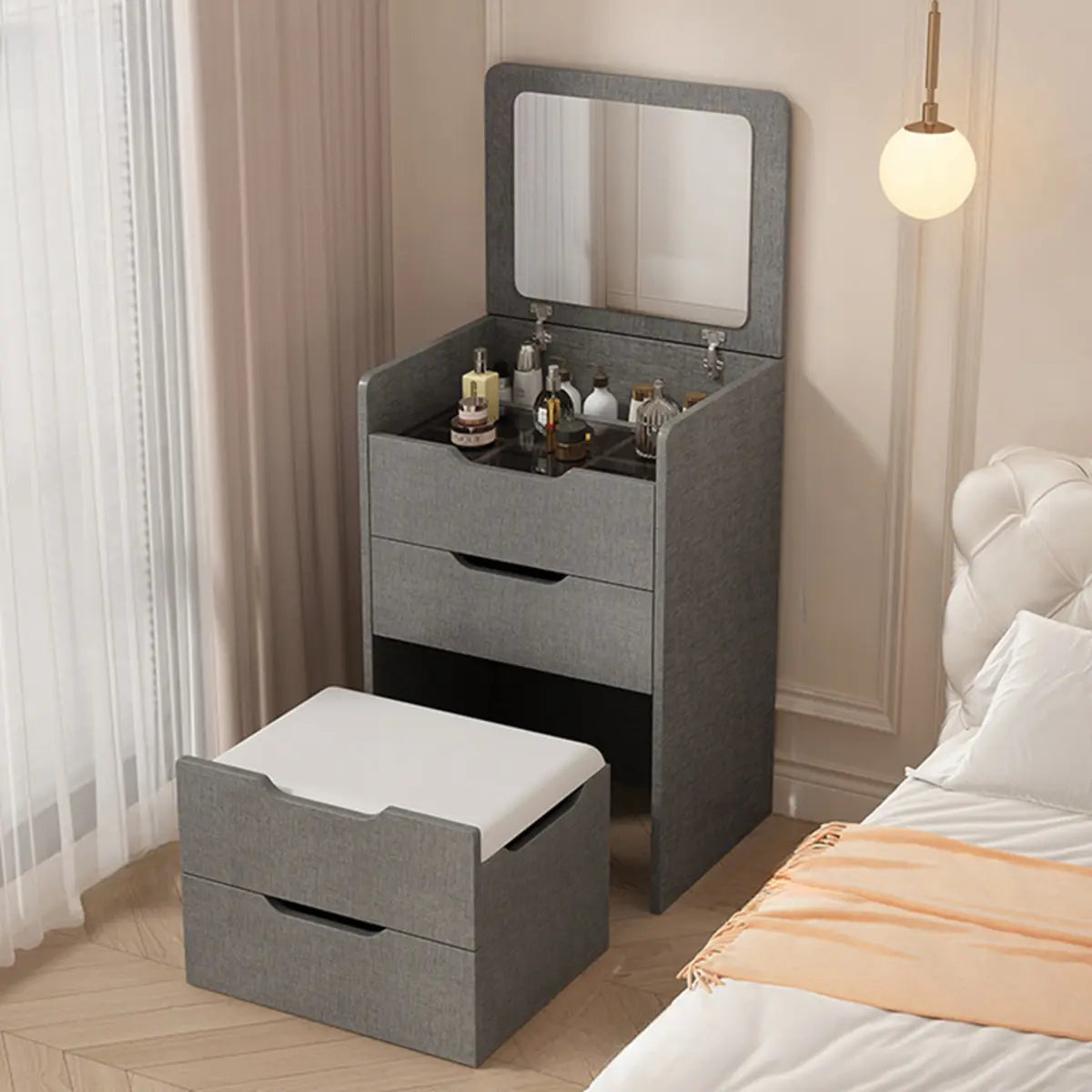 Art Deco Rectangle Wood Bedroom White Vanity with Seat Image - 7
