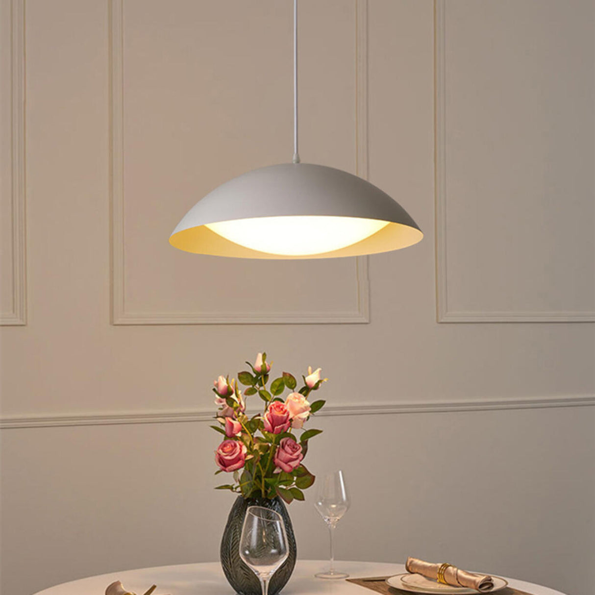 Art Deco White Acrylic Dome Metal Pendant Light Minimalist Image - 6