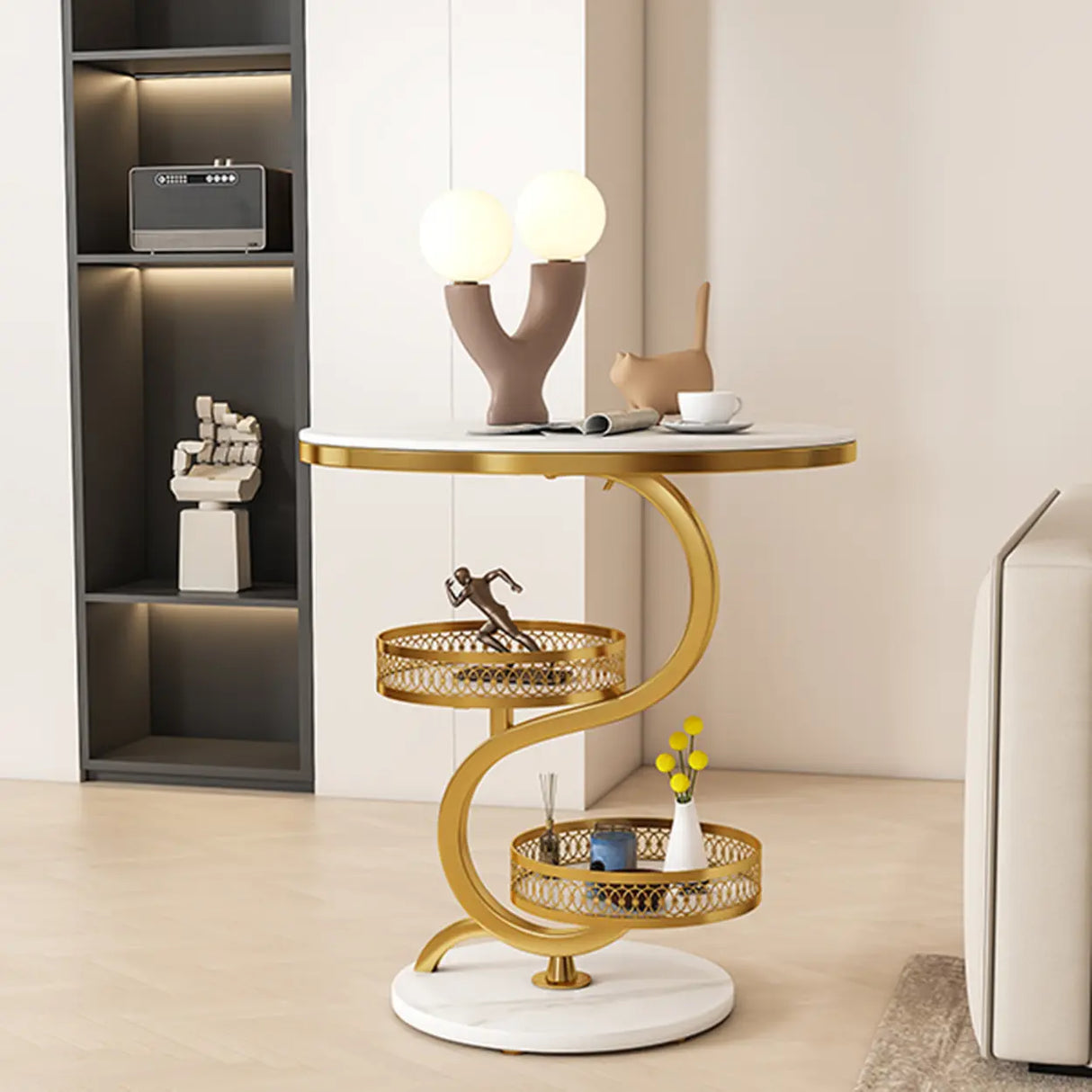 Art Deco White Sintered Stone Circular Side Table with Shelf Image - 1