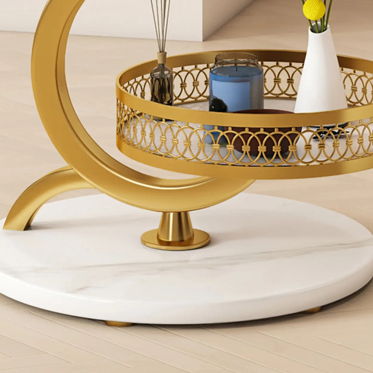 Art Deco White Sintered Stone Circular Side Table with Shelf Image - 11