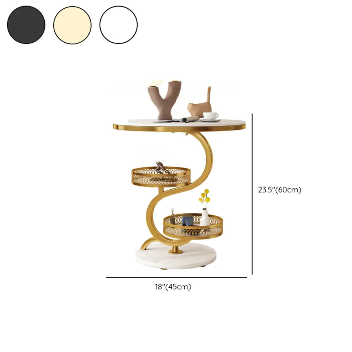 Art Deco White Sintered Stone Circular Side Table with Shelf