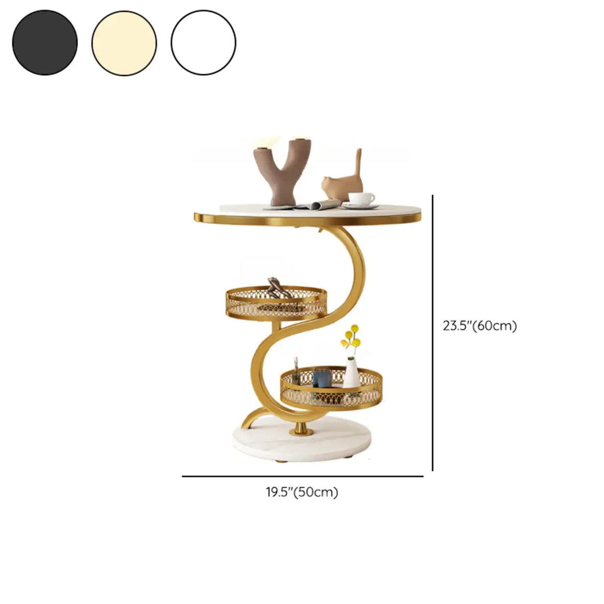 Art Deco White Sintered Stone Circular Side Table with Shelf Image - 13