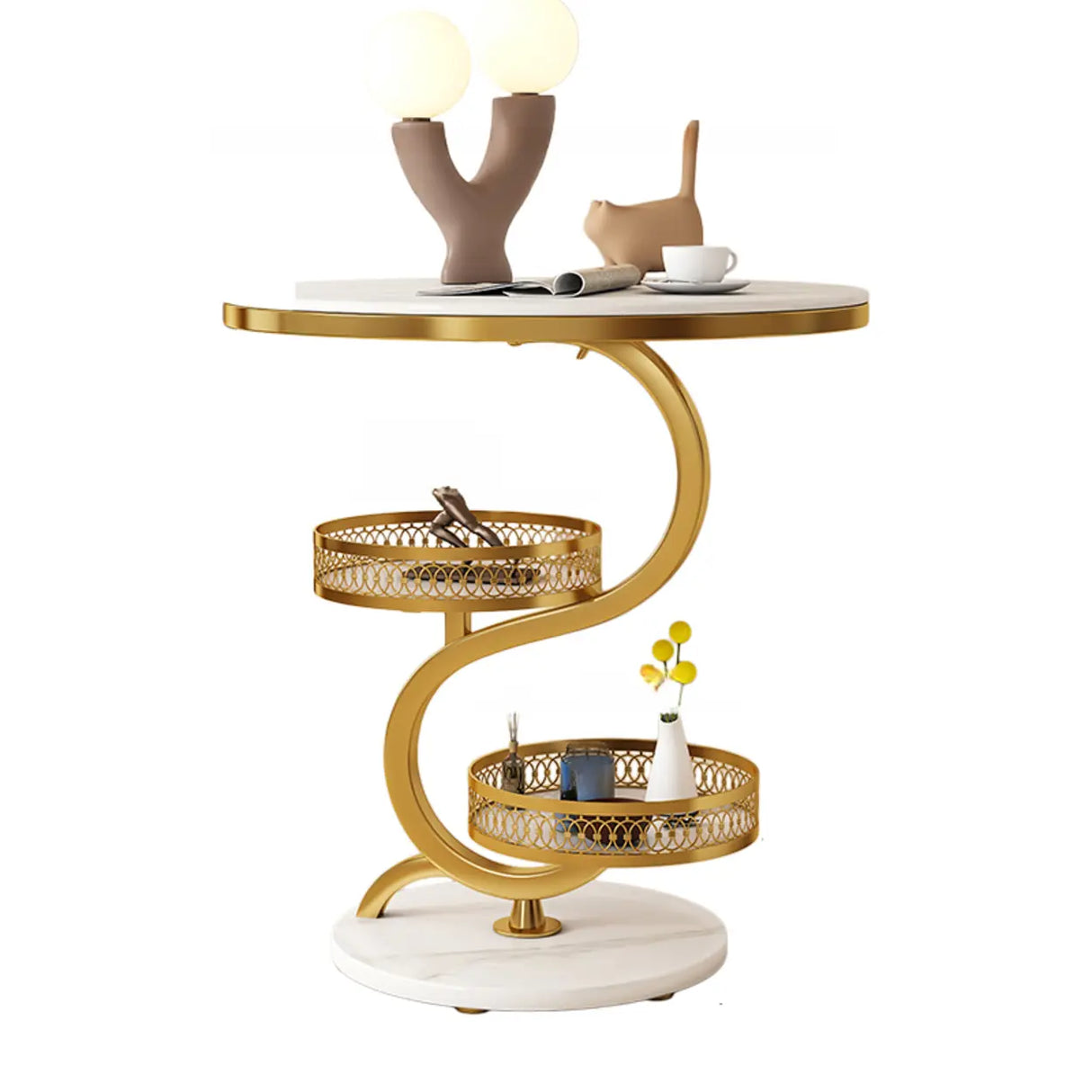 Art Deco White Sintered Stone Circular Side Table with Shelf Image - 2