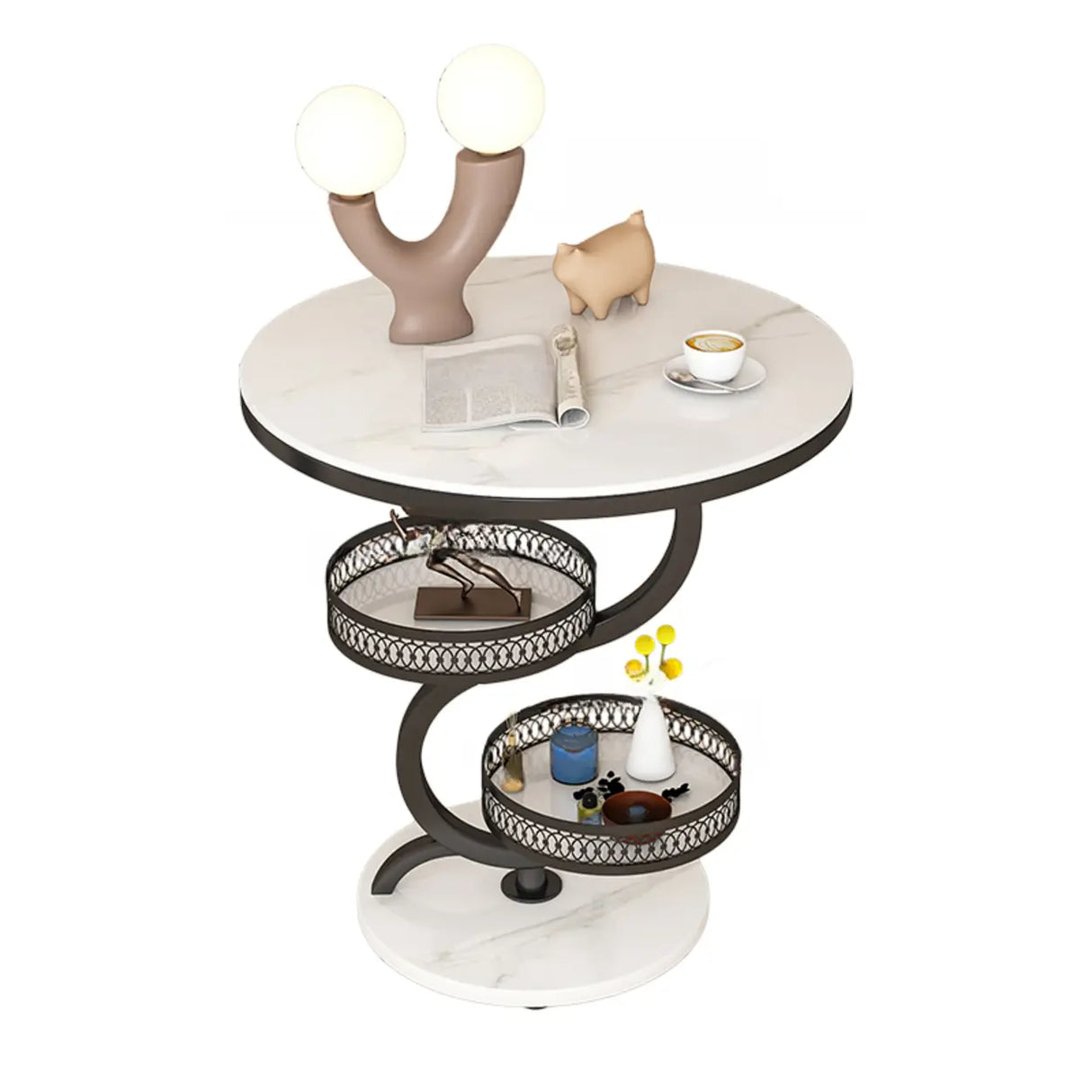 Art Deco White Sintered Stone Circular Side Table with Shelf Image - 3