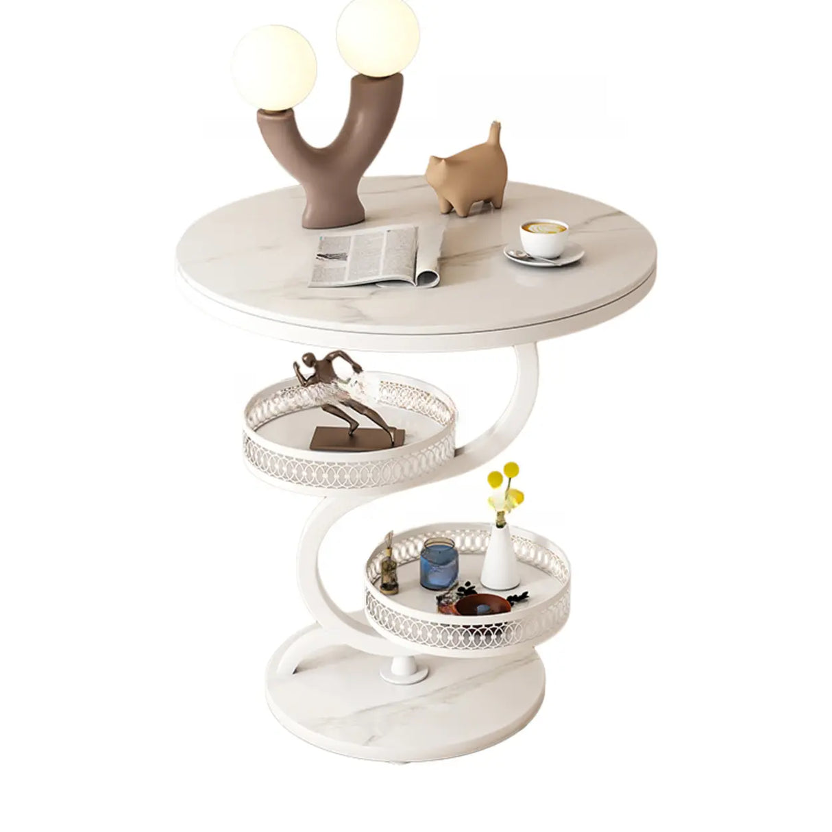 Art Deco White Sintered Stone Circular Side Table with Shelf Image - 5