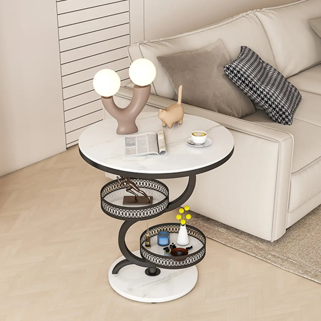 Art Deco White Sintered Stone Circular Side Table with Shelf Image - 6