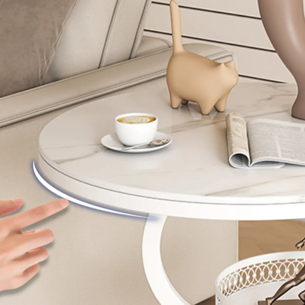 Art Deco White Sintered Stone Circular Side Table with Shelf Image - 7