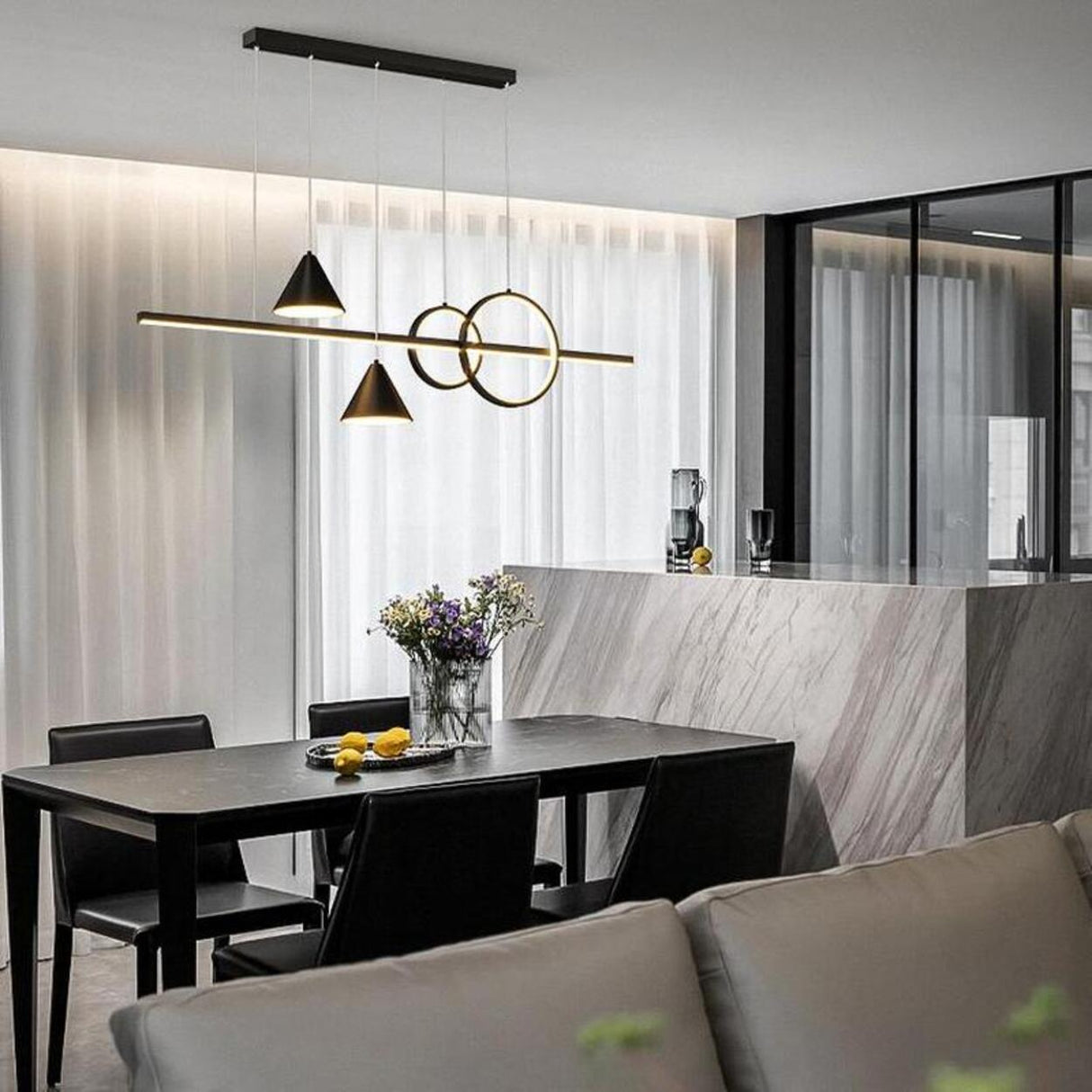 Artistic Adjustable Ring and Ball Island Pendant Light Image - 4