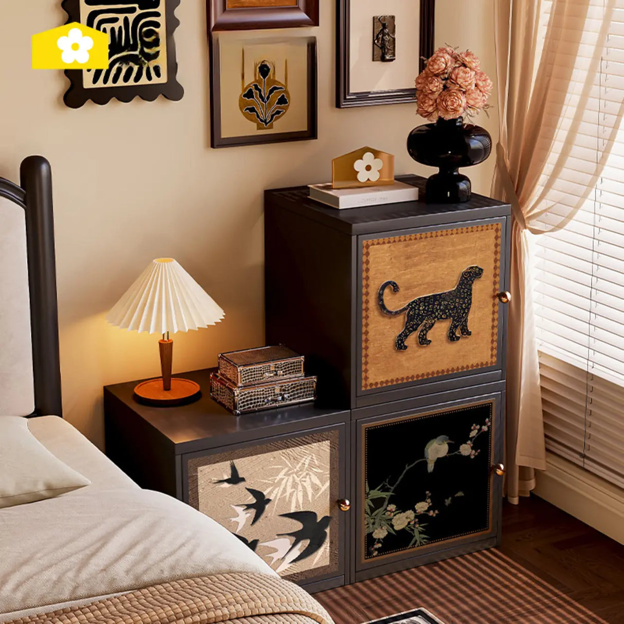 Artistic Animal Print Black Square Nightstand with Cabinet Image - 1
