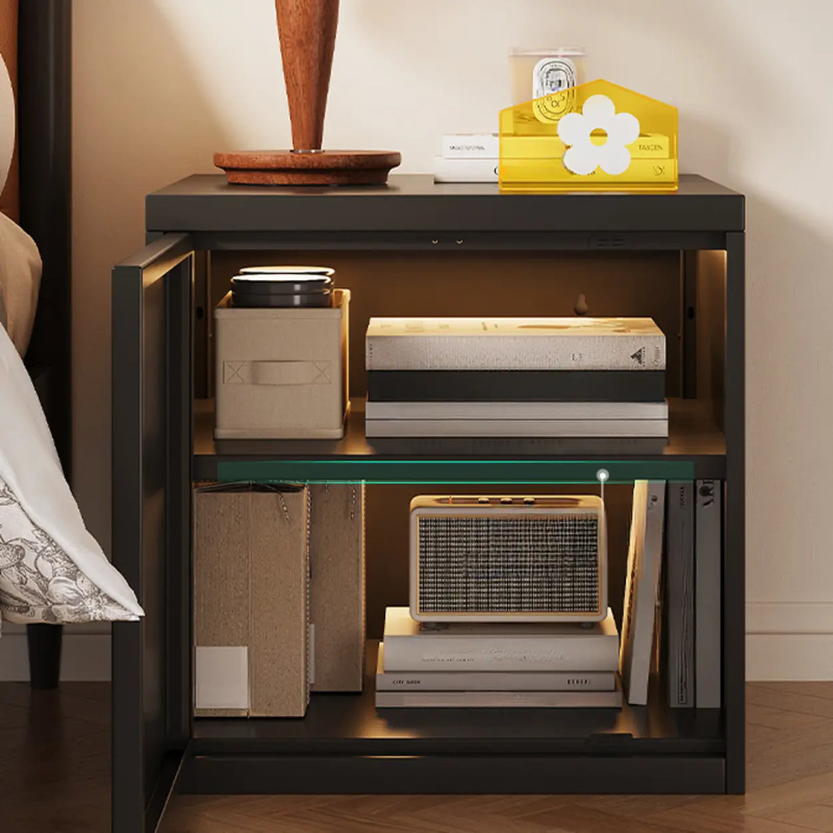 Artistic Animal Print Black Square Nightstand with Cabinet Image - 10