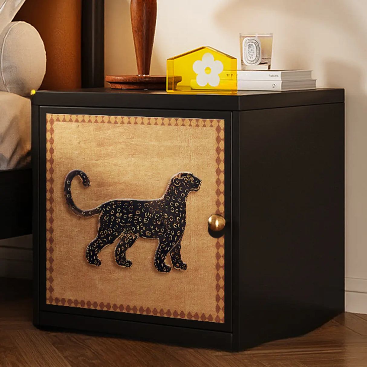 Artistic Animal Print Black Square Nightstand with Cabinet Image - 11