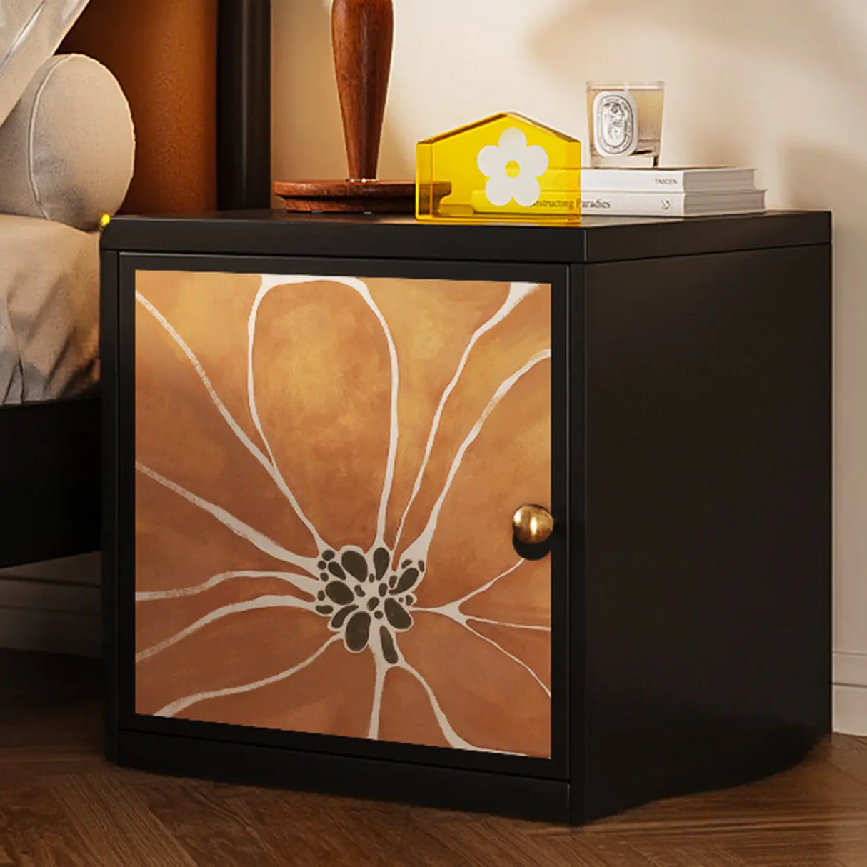 Artistic Animal Print Black Square Nightstand with Cabinet Image - 13