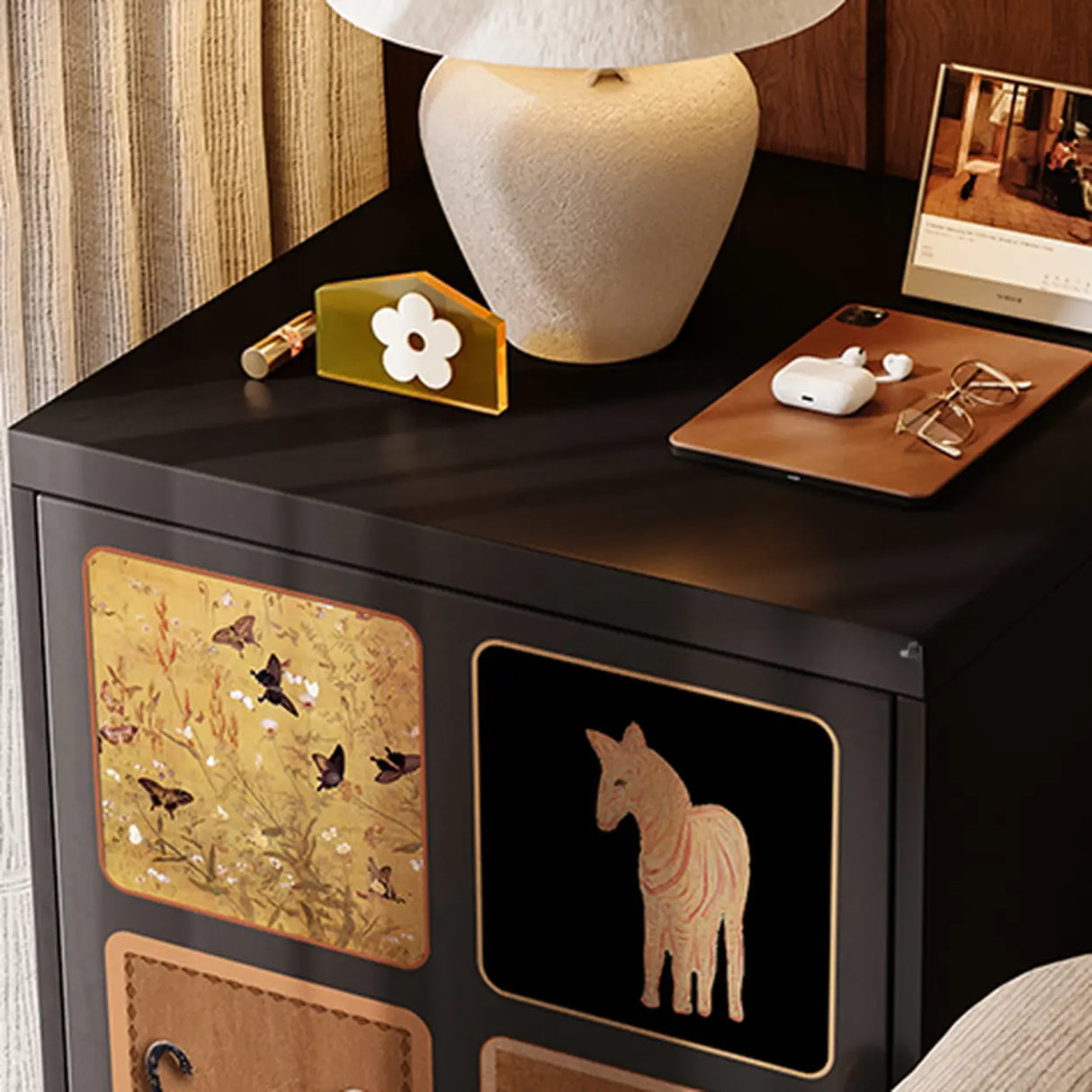 Artistic Animal Print Black Square Nightstand with Cabinet Image - 14