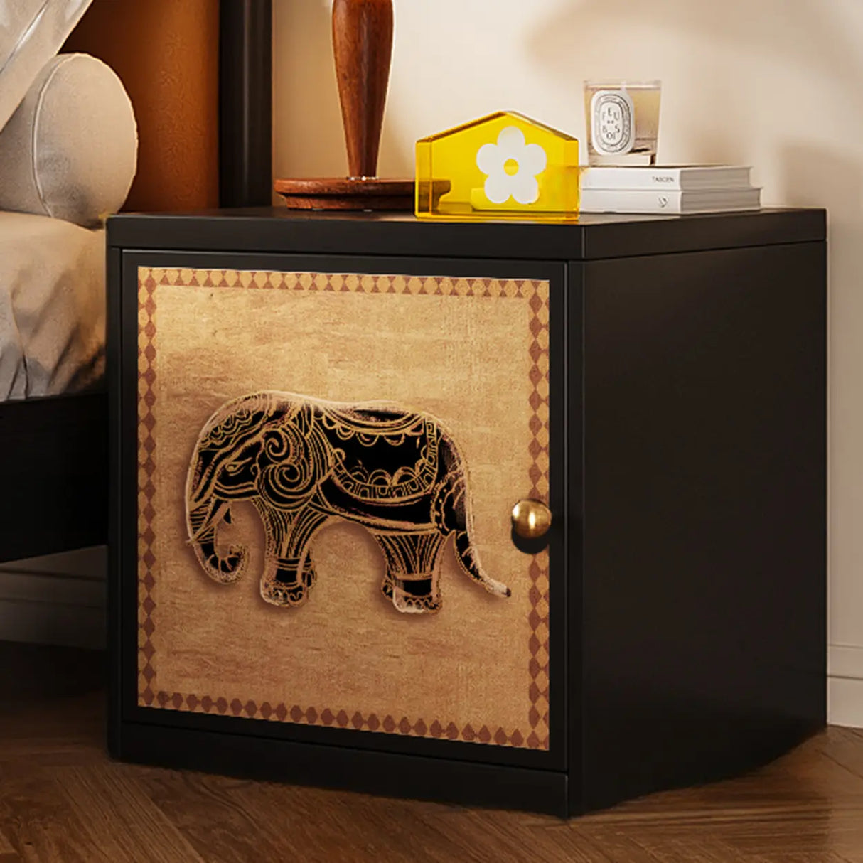 Artistic Animal Print Black Square Nightstand with Cabinet Image - 15