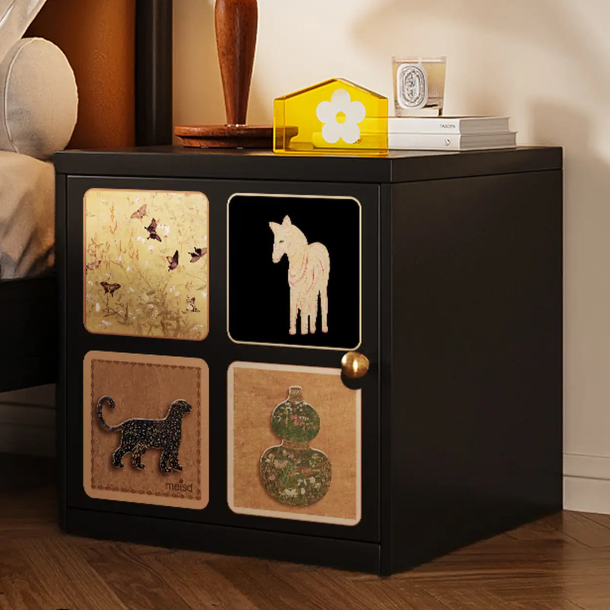 Artistic Animal Print Black Square Nightstand with Cabinet Image - 16