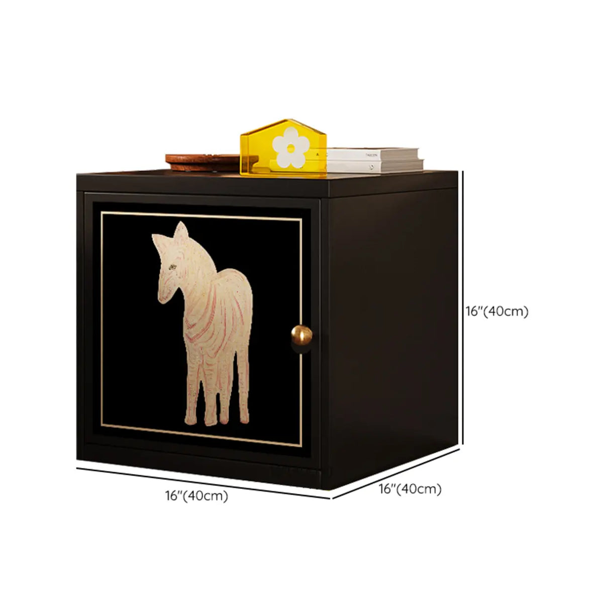 Artistic Animal Print Black Square Nightstand with Cabinet Image - 18