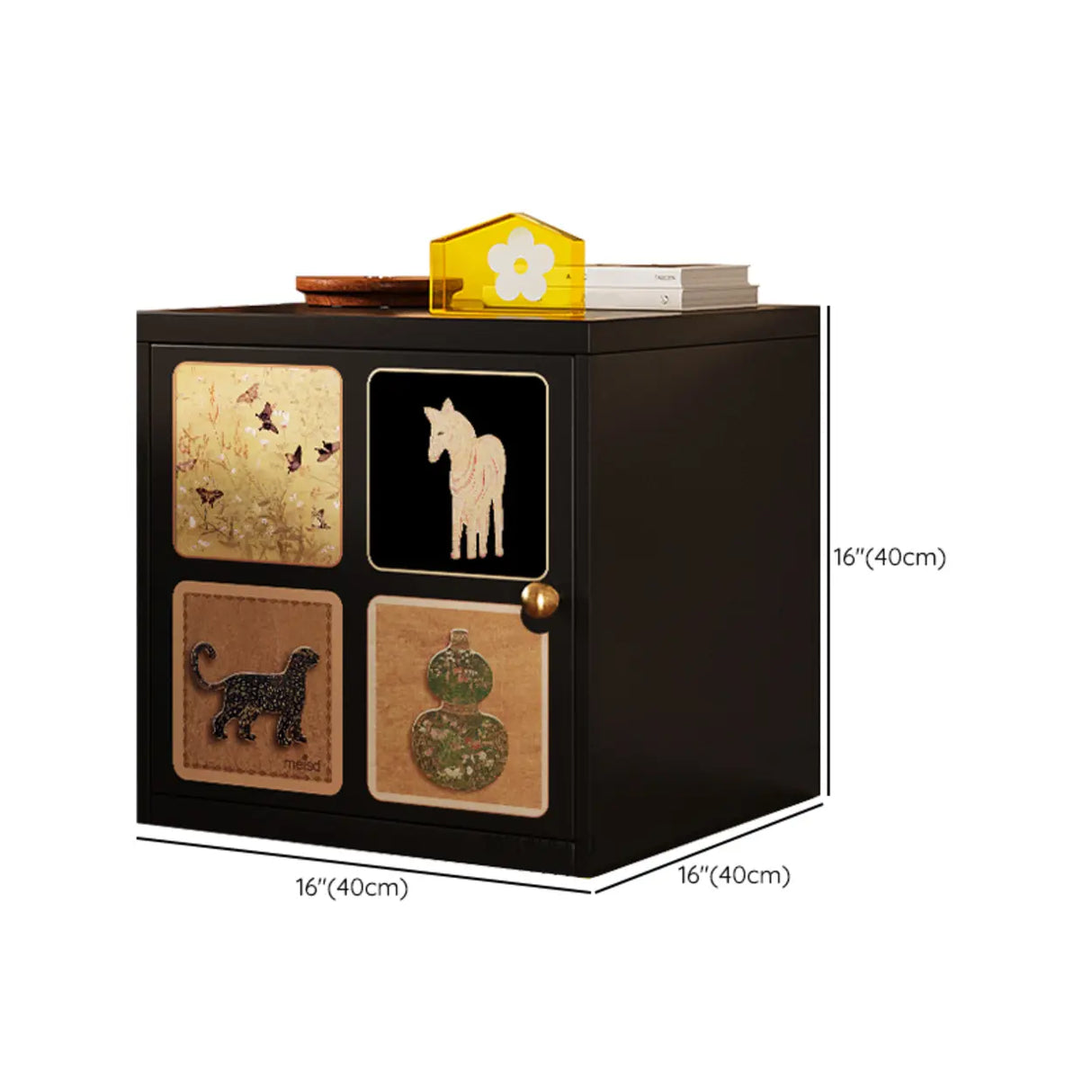 Artistic Animal Print Black Square Nightstand with Cabinet Image - 19