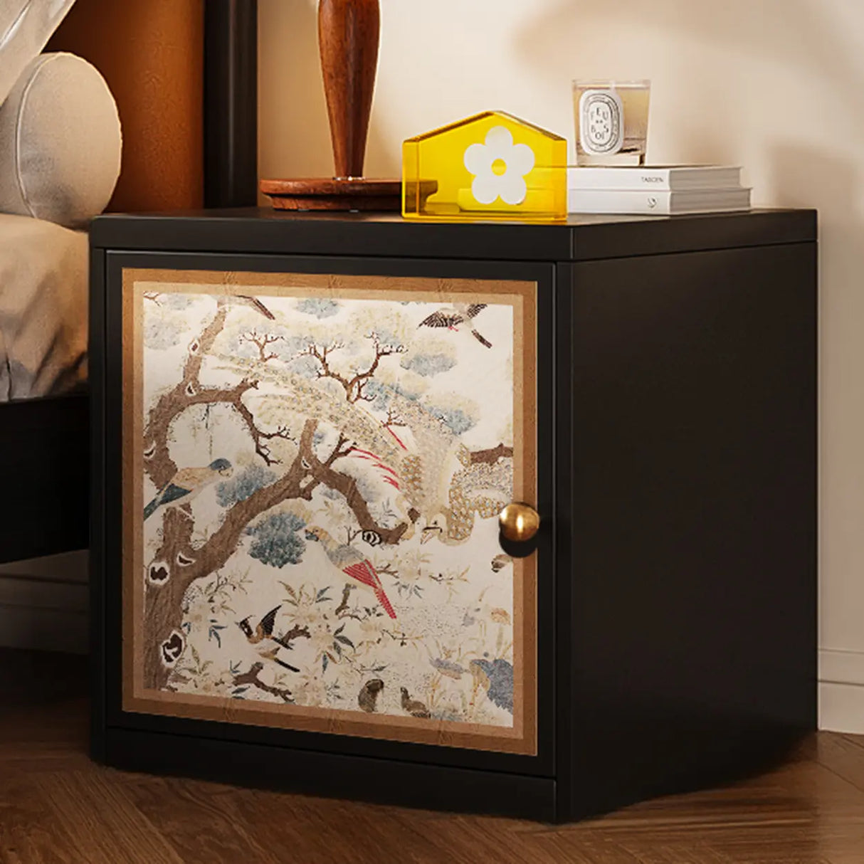 Artistic Animal Print Black Square Nightstand with Cabinet Image - 2