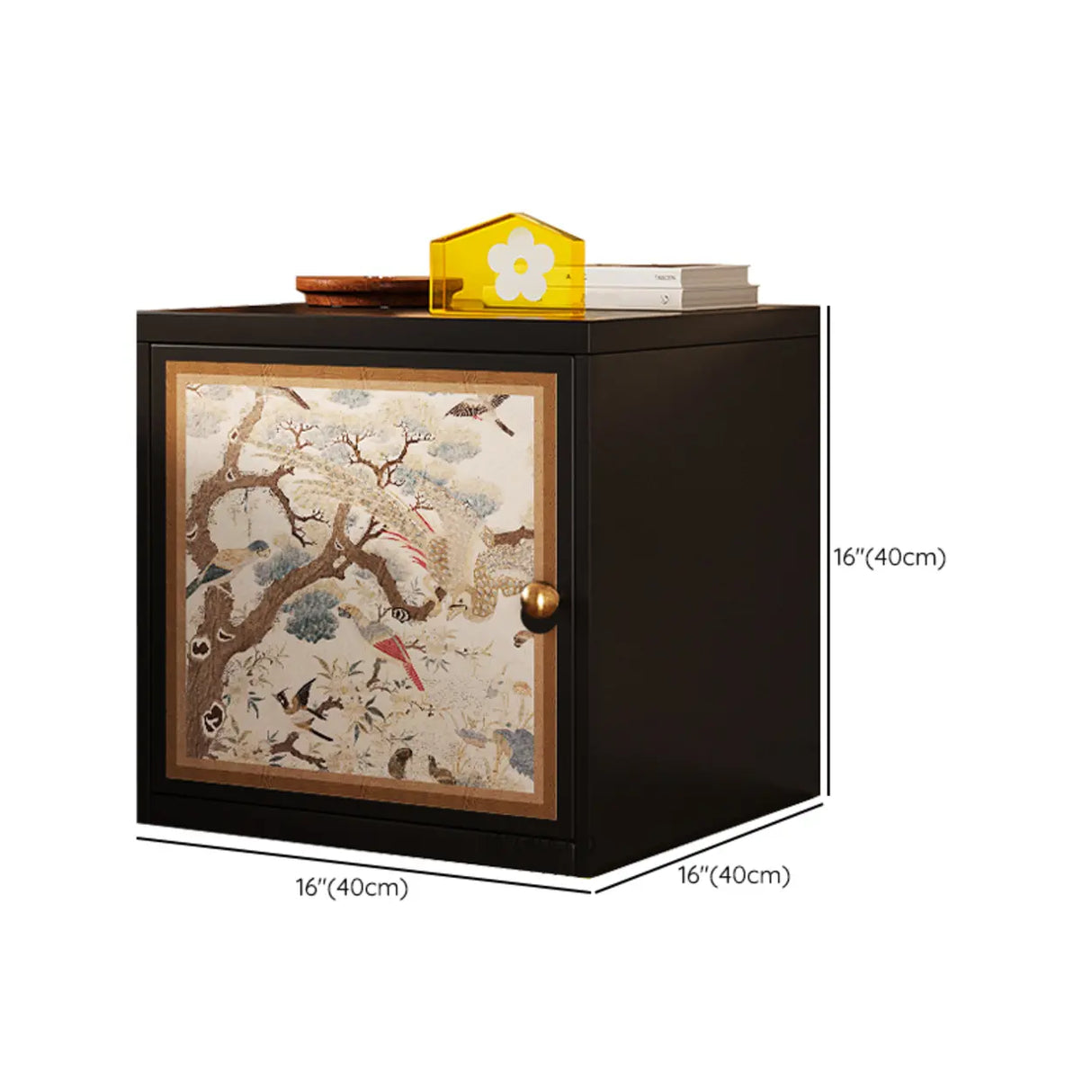 Artistic Animal Print Black Square Nightstand with Cabinet Image - 20