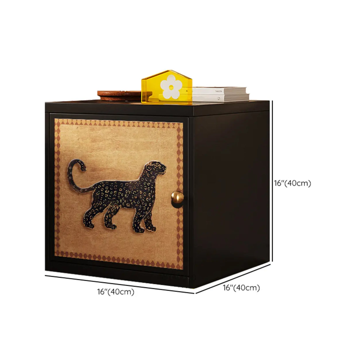 Artistic Animal Print Black Square Nightstand with Cabinet Image - 21