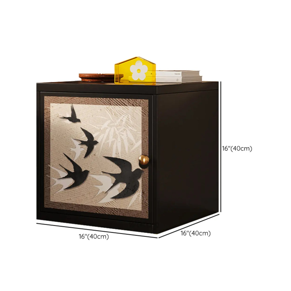 Artistic Animal Print Black Square Nightstand with Cabinet Image - 22