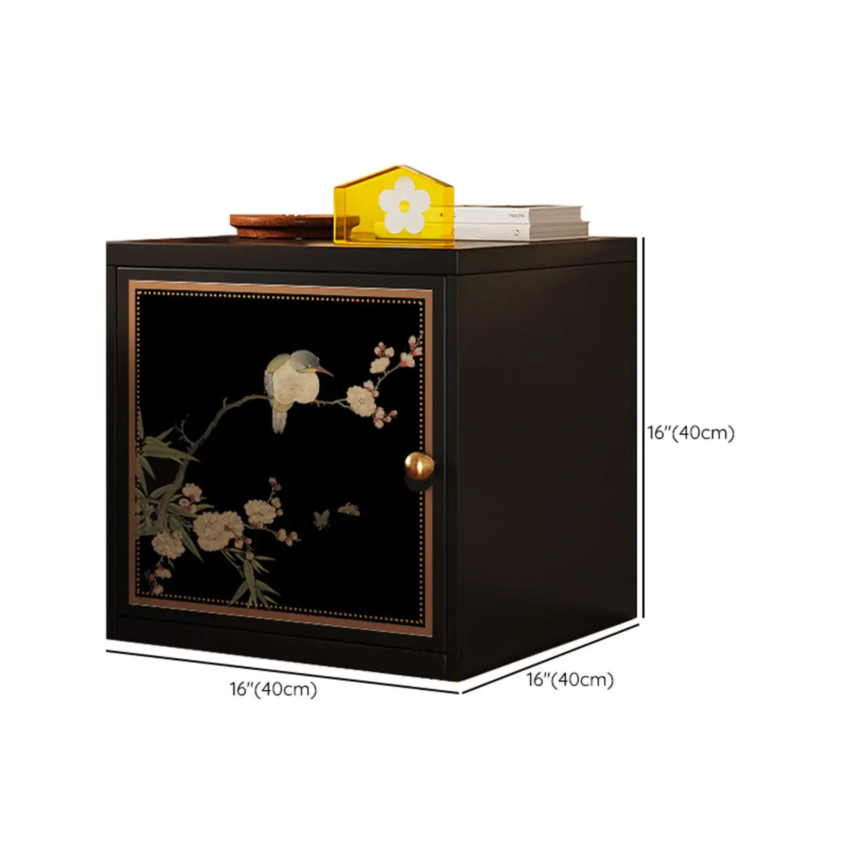 Artistic Animal Print Black Square Nightstand with Cabinet Image - 23