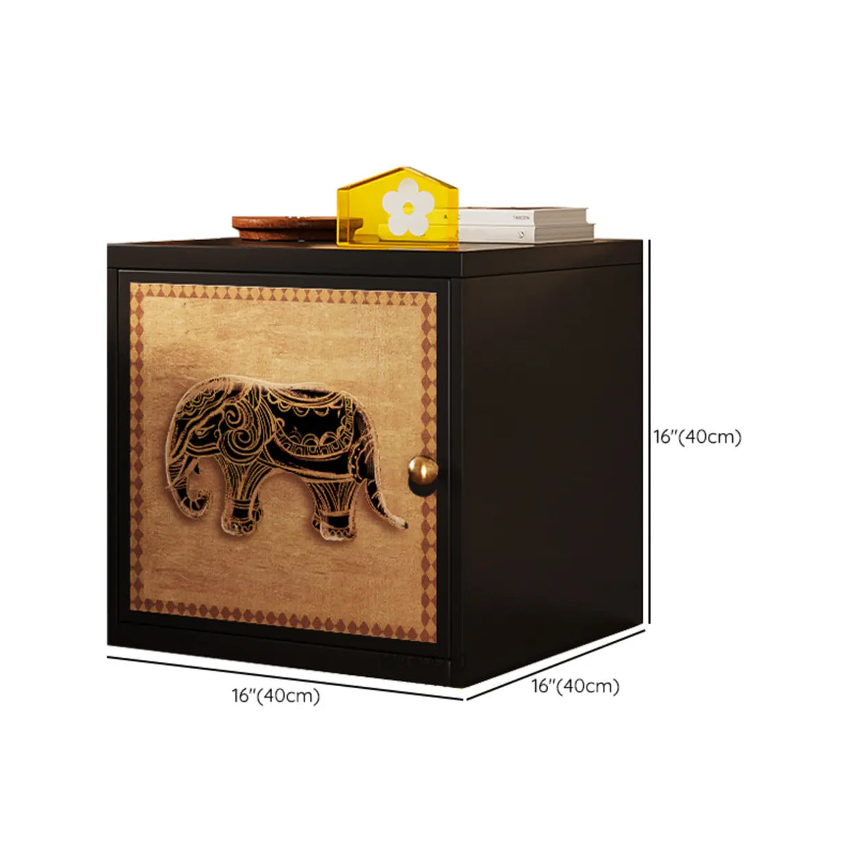 Artistic Animal Print Black Square Nightstand with Cabinet Image - 24