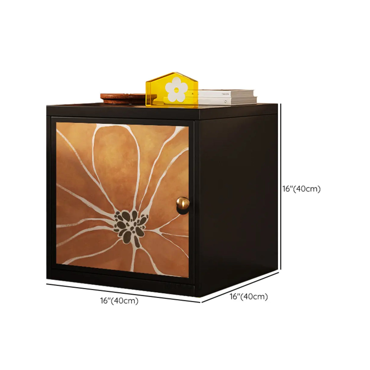 Artistic Animal Print Black Square Nightstand with Cabinet Image - 25