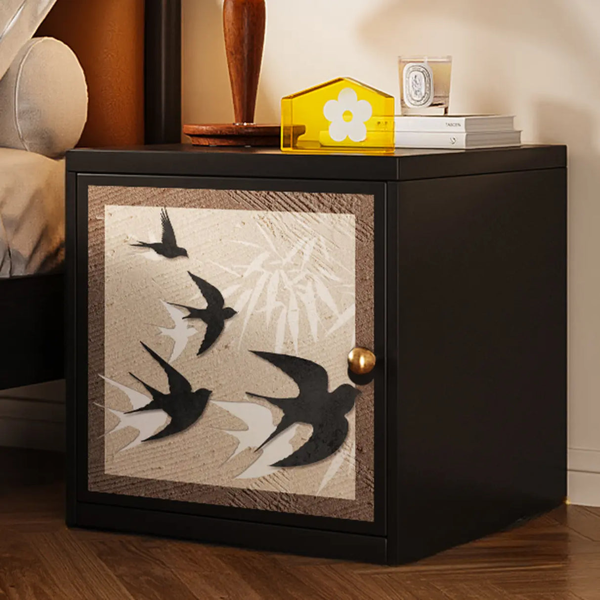 Artistic Animal Print Black Square Nightstand with Cabinet Image - 3