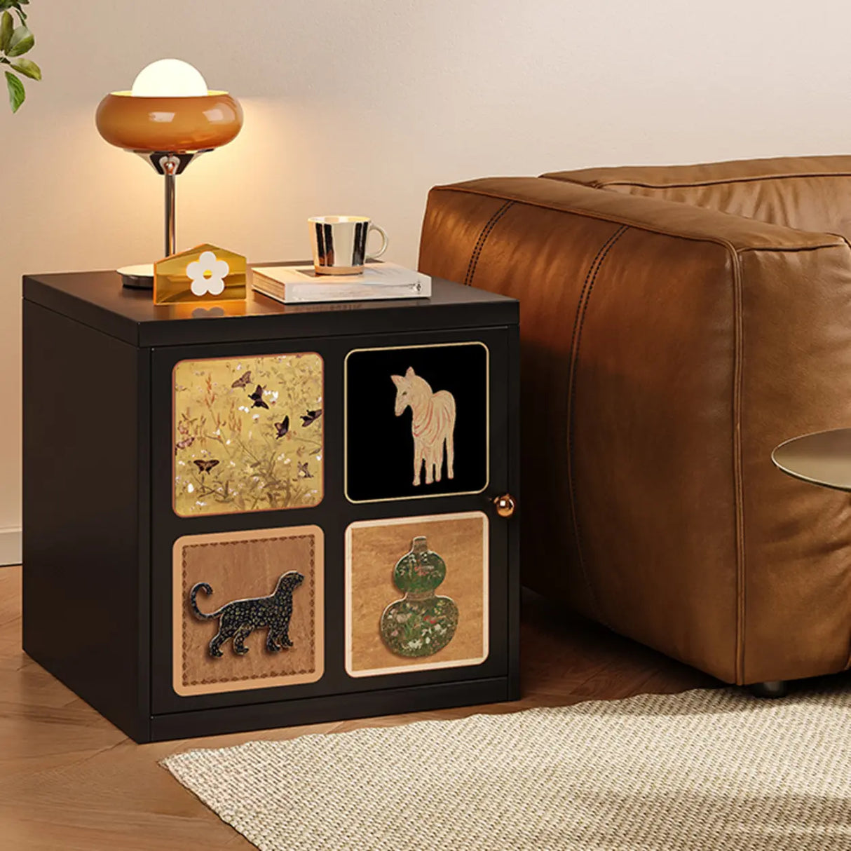 Artistic Animal Print Black Square Nightstand with Cabinet Image - 4
