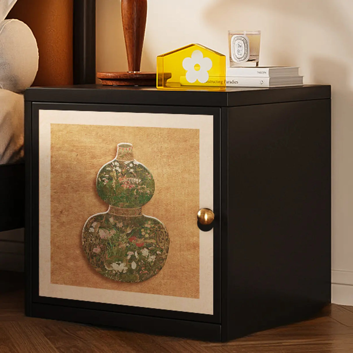Artistic Animal Print Black Square Nightstand with Cabinet Image - 5