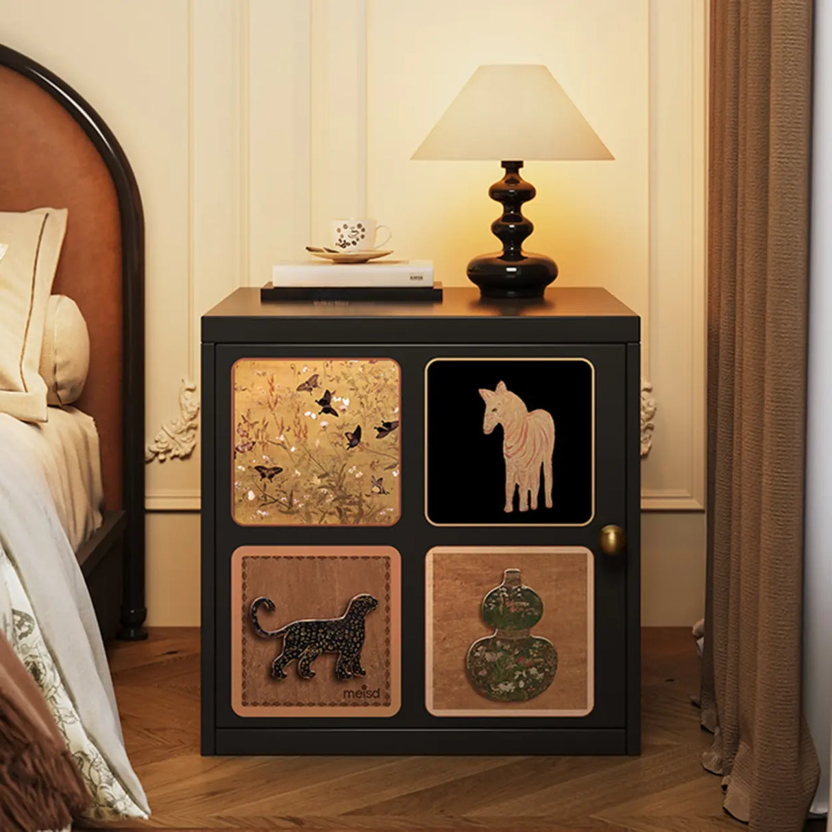 Artistic Animal Print Black Square Nightstand with Cabinet Image - 6
