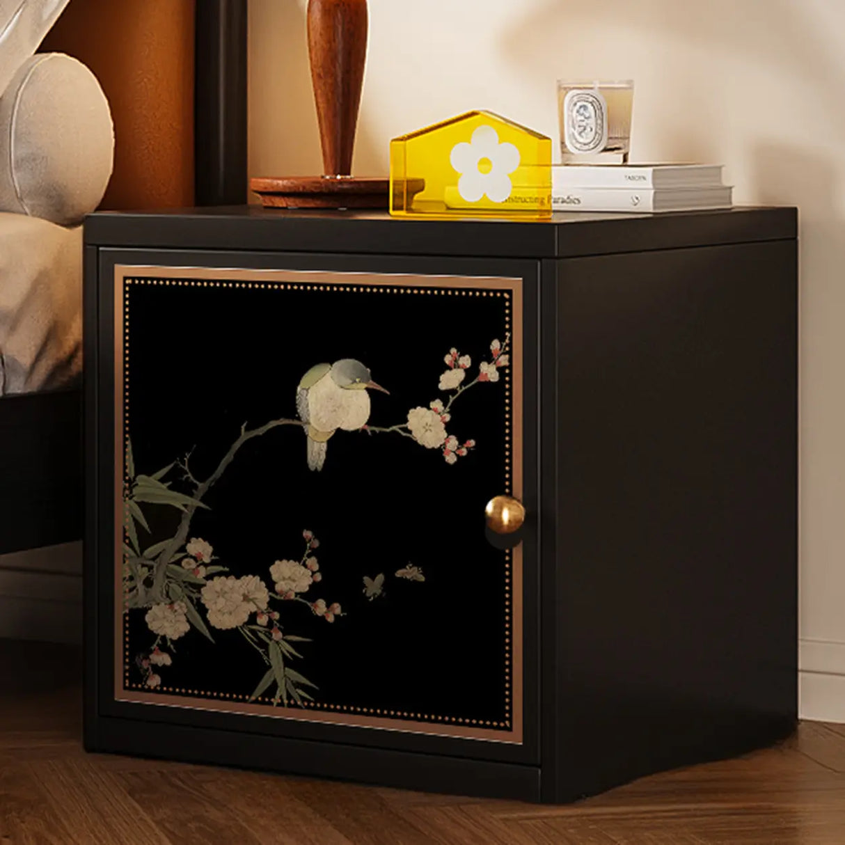 Artistic Animal Print Black Square Nightstand with Cabinet Image - 7