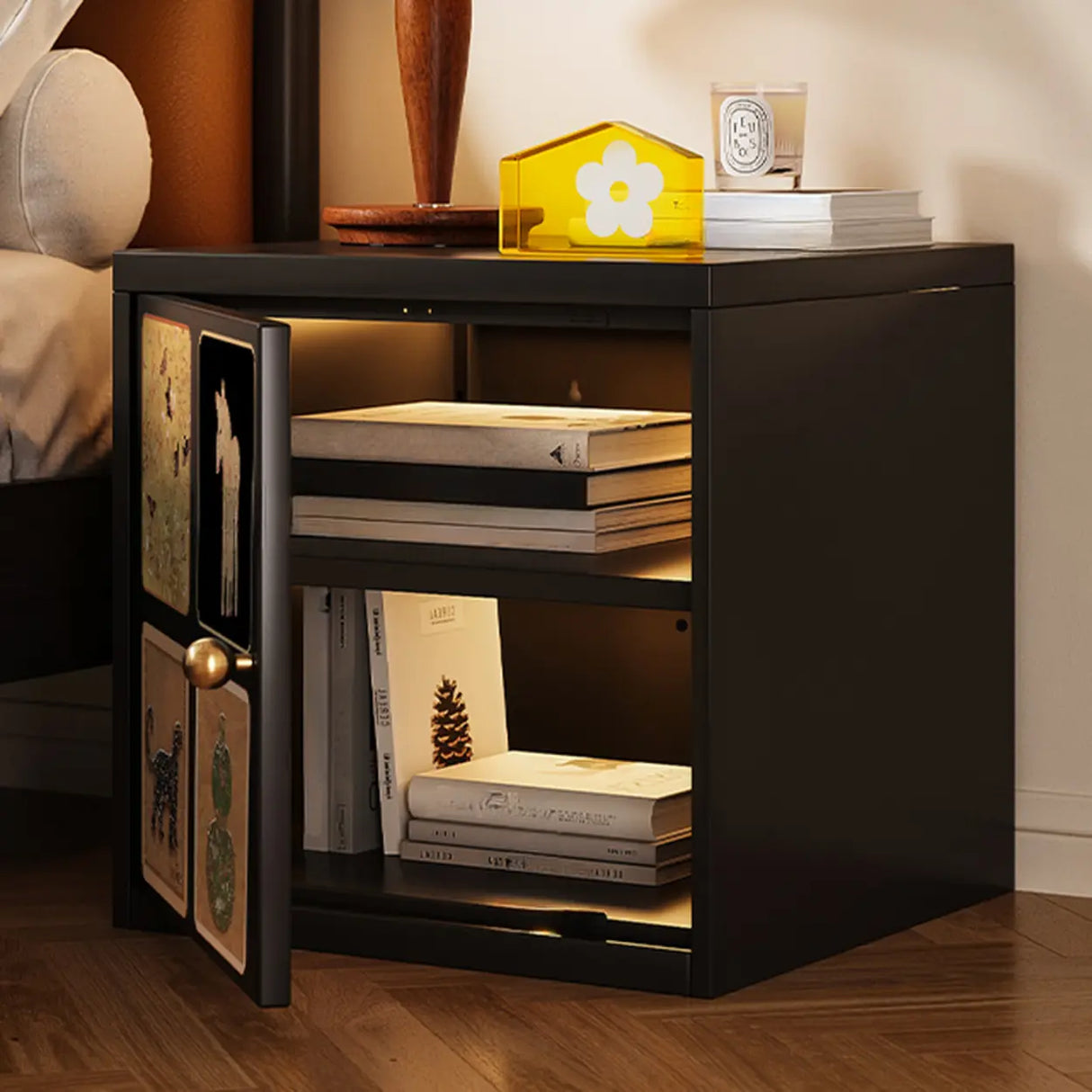 Artistic Animal Print Black Square Nightstand with Cabinet Image - 8