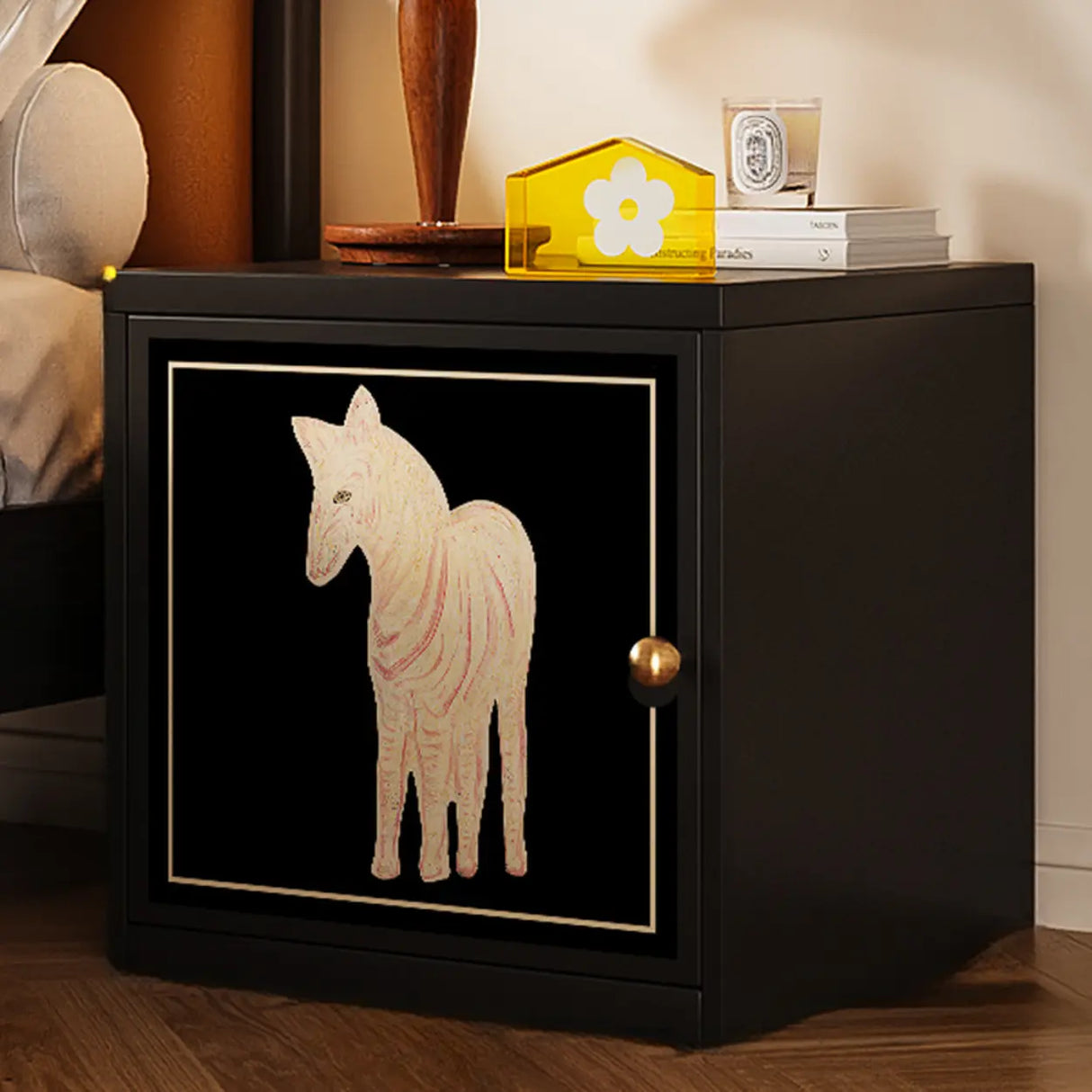 Artistic Animal Print Black Square Nightstand with Cabinet Image - 9