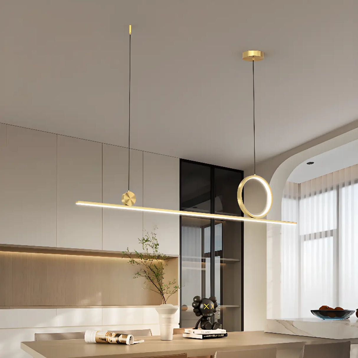 Artistic Black Linear and Ring Pendant Light Set Image - 4
