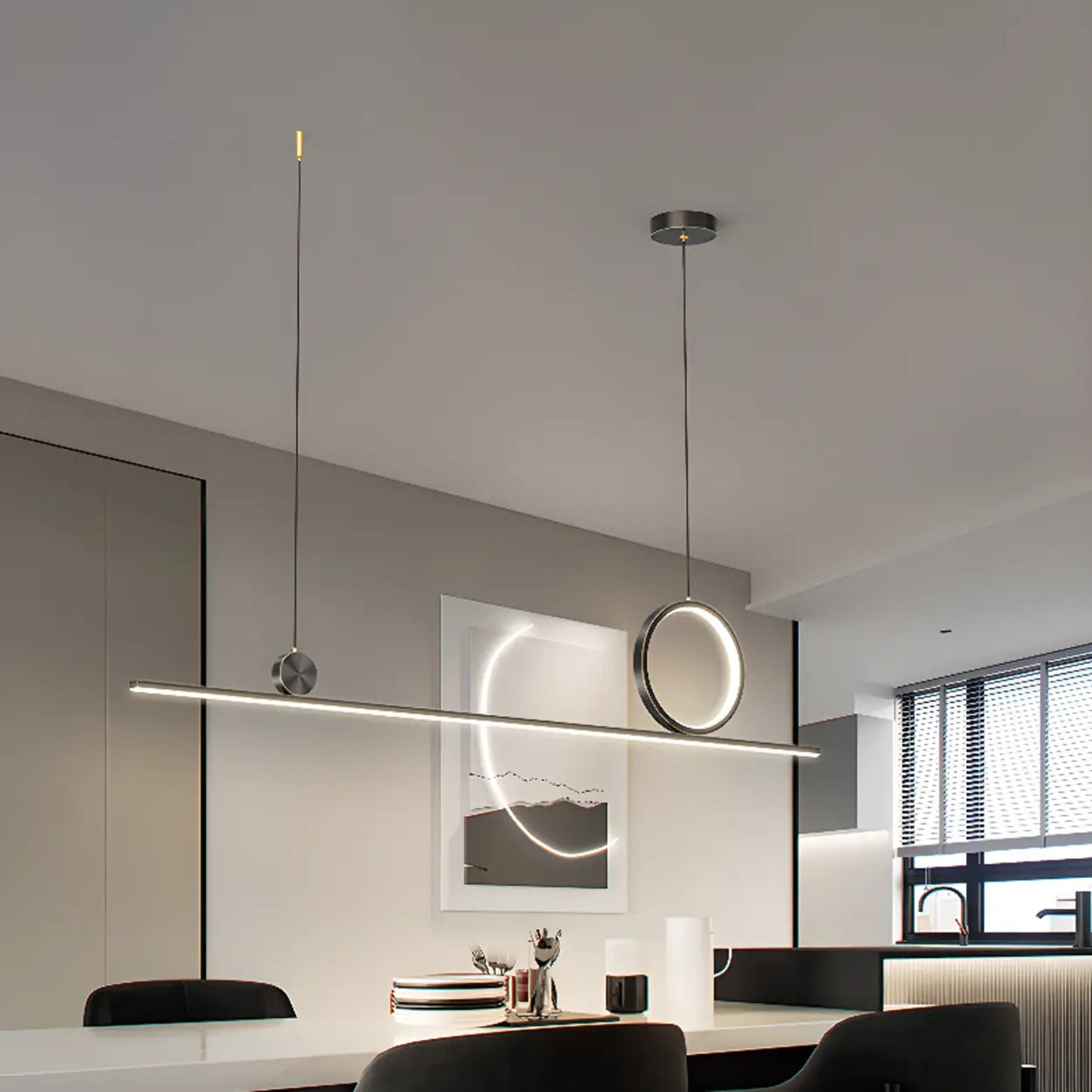 Artistic Black Linear and Ring Pendant Light Set Image - 6